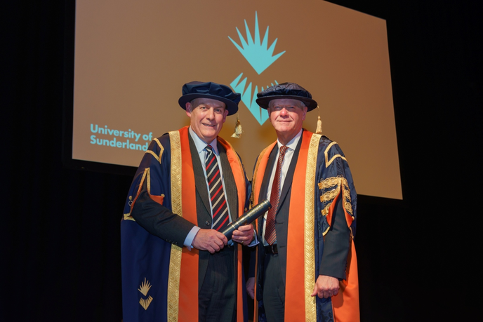 David Gray FRICS DL, Chairman of Trustees of The Sir Tom Cowie Charitable Trust and Sir David Bell KCB DL, Vice-Chancellor and Chief Executive of the University of Sunderland